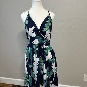 Tropical Print Navy Dress with Pockets!